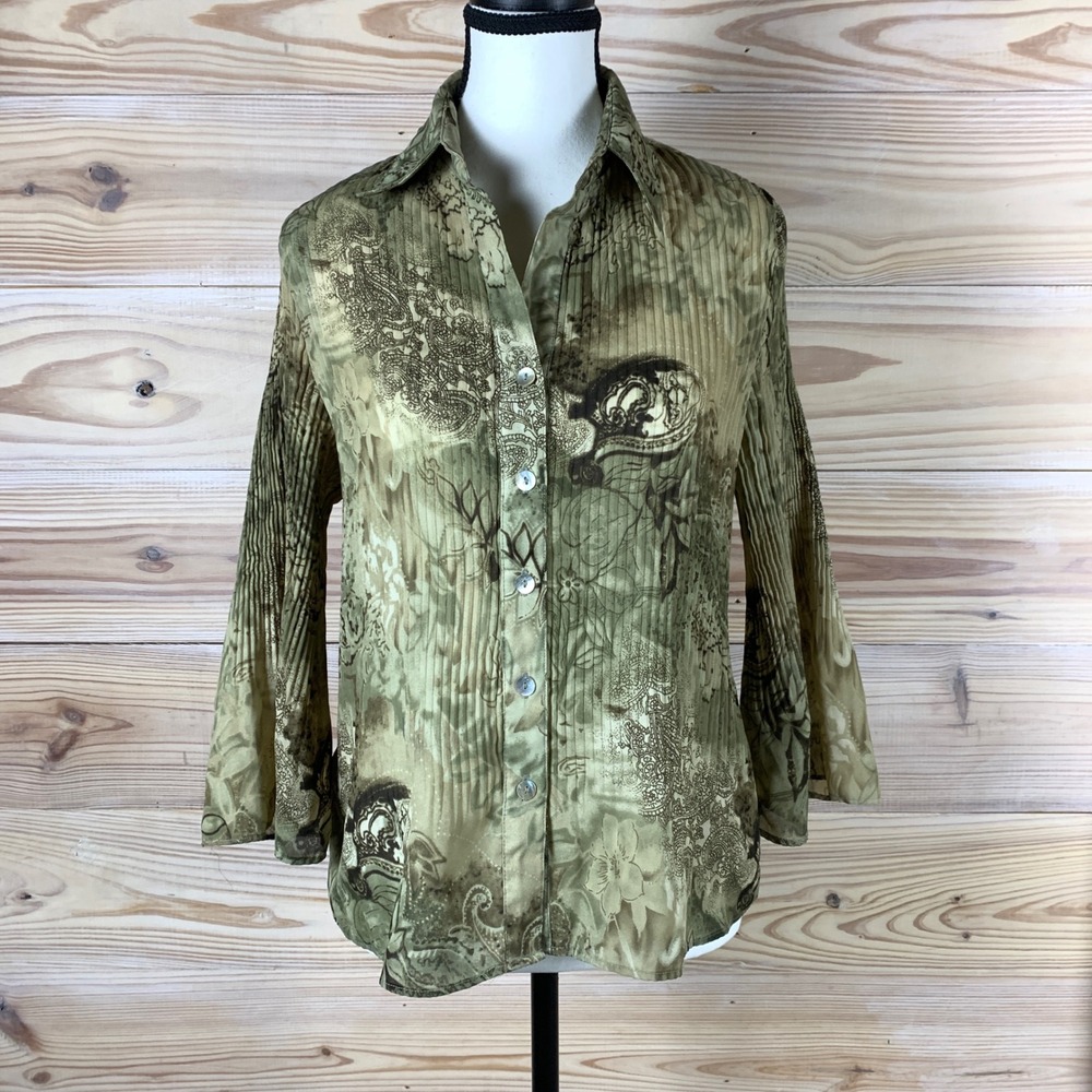 Serenade Top Women M Green‎ Paisley Micro Pleats Bell Sleeve Artsy Fairy Grunge